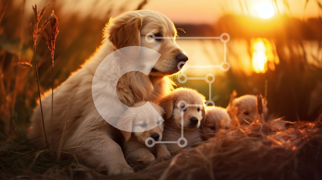 Intra Συλλεκτικό Ξύλινο Παζλ Plywood  4mm - Σκύλος Γκόλντεν Ριτρίβερ με κουτάβια σε χωράφι στο ηλιοβασίλεμα Σε Ξύλινο Κουτί - Διαστάσεις: 10x10 cm – 25 κομμάτια