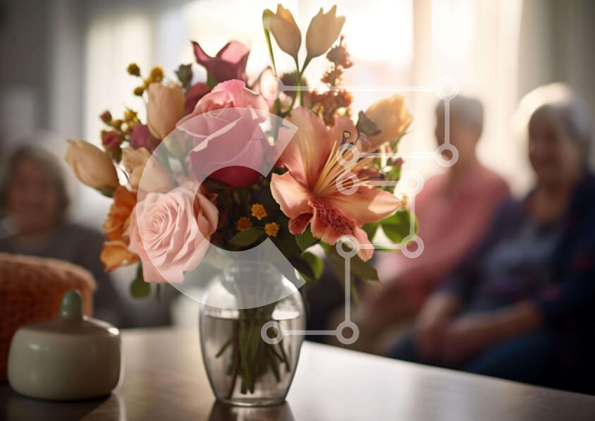 Intra Συλλεκτικό Ξύλινο Παζλ Plywood  4mm - Πολύχρωμα λουλούδια σε γυάλινο βάζο με ηλικιωμένες γυναίκες Σε Ξύλινο Κουτί - Διαστάσεις Puzzle: 10x10 cm – 25 κομμάτια