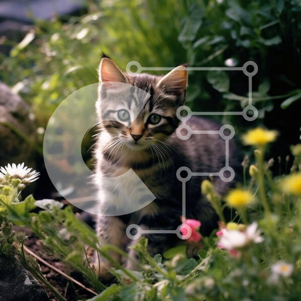 Intra Συλλεκτικό Ξύλινο Παζλ Plywood  4mm - Αξιολάτρευτη εικόνα ενός γατάκι σε έναν κήπο με λουλούδια και πράσινο Σε Ξύλινο Κουτί - Διαστάσεις: 10x10 cm – 25 κομμάτια