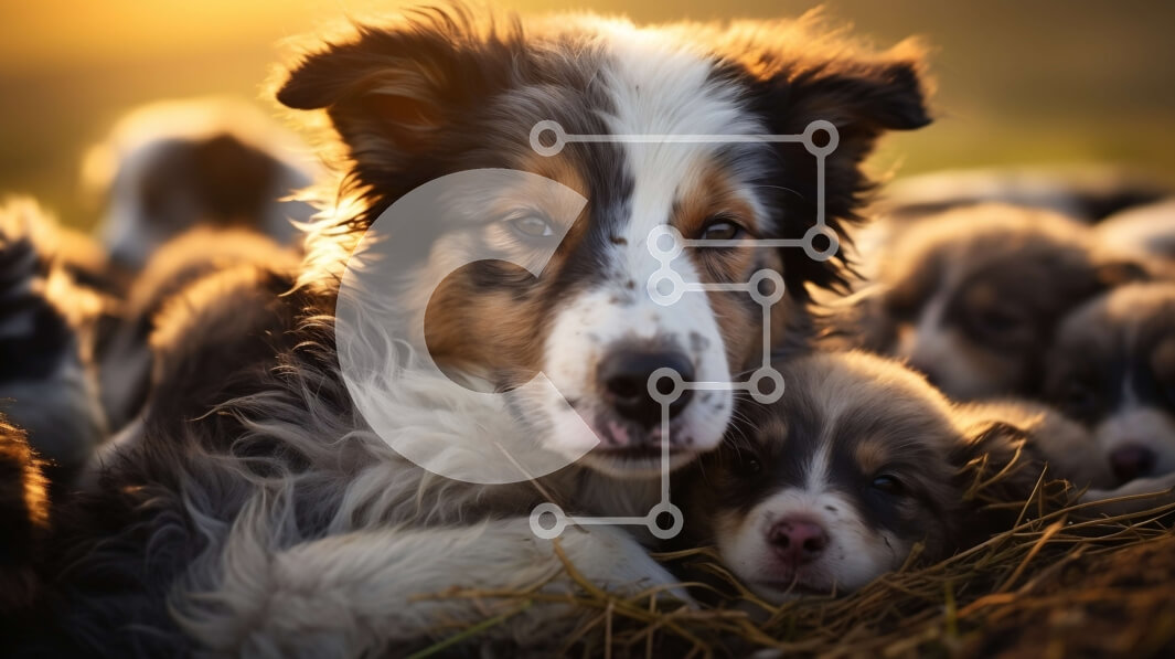 Σετ των 2 Intra Συλλεκτικό Ξύλινο Παζλ Plywood  4mm - Ομάδα καφέ και λευκών κουταβιών σε ένα χωράφι στο ηλιοβασίλεμα Σε Ξύλινο Κουτί - Διαστάσεις: 10x10 cm – 25 κομμάτια