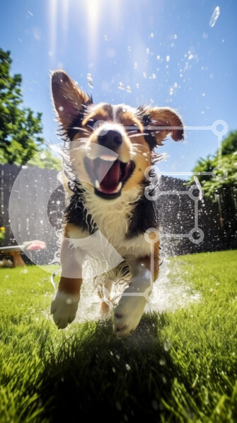 Intra Συλλεκτικό Ξύλινο Παζλ Plywood  4mm - Happy Beagle Dog που τρέχει μέσα από έναν ψεκαστήρα σε μια αυλή Σε Ξύλινο Κουτί - Διαστάσεις Puzzle: 10x10 cm – 25 κομμάτια