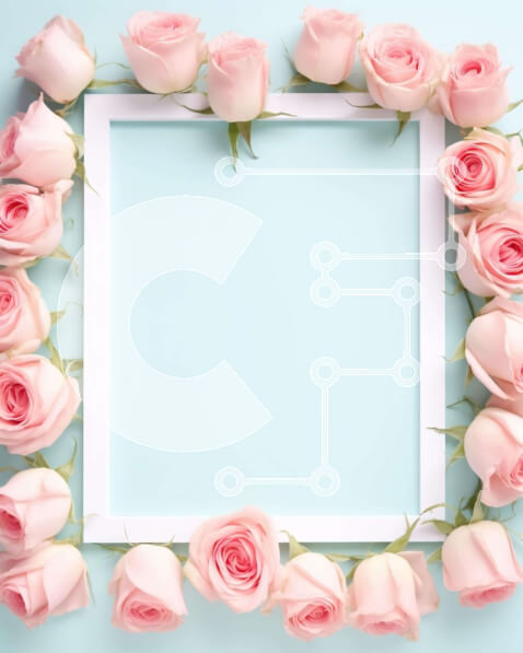 Intra Συλλεκτικό Ξύλινο Παζλ Plywood  4mm - Τετράγωνο πλαίσιο από ροζ τριαντάφυλλα σε μπλε φόντο Σε Ξύλινο Κουτί - Διαστάσεις: 10x10 cm – 25 κομμάτια