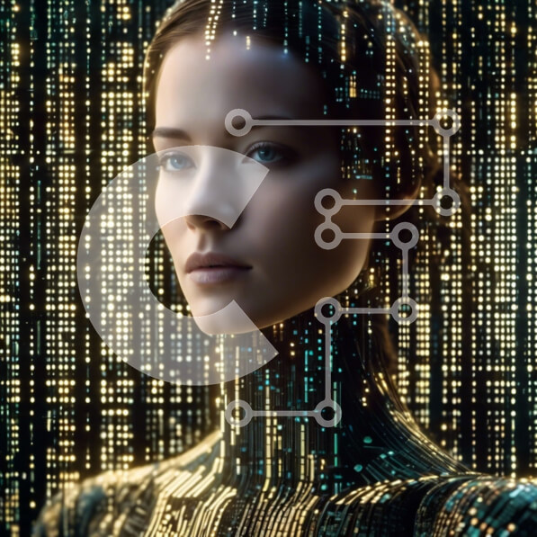 Intra Συλλεκτικό Ξύλινο Παζλ Plywood  4mm - Γυναίκα με φουτουριστική ενδυμασία με ψηφιακές γραμμές και σύμβολα Σε Ξύλινο Κουτί - Διαστάσεις Puzzle: 10x10 cm – 25 κομμάτια