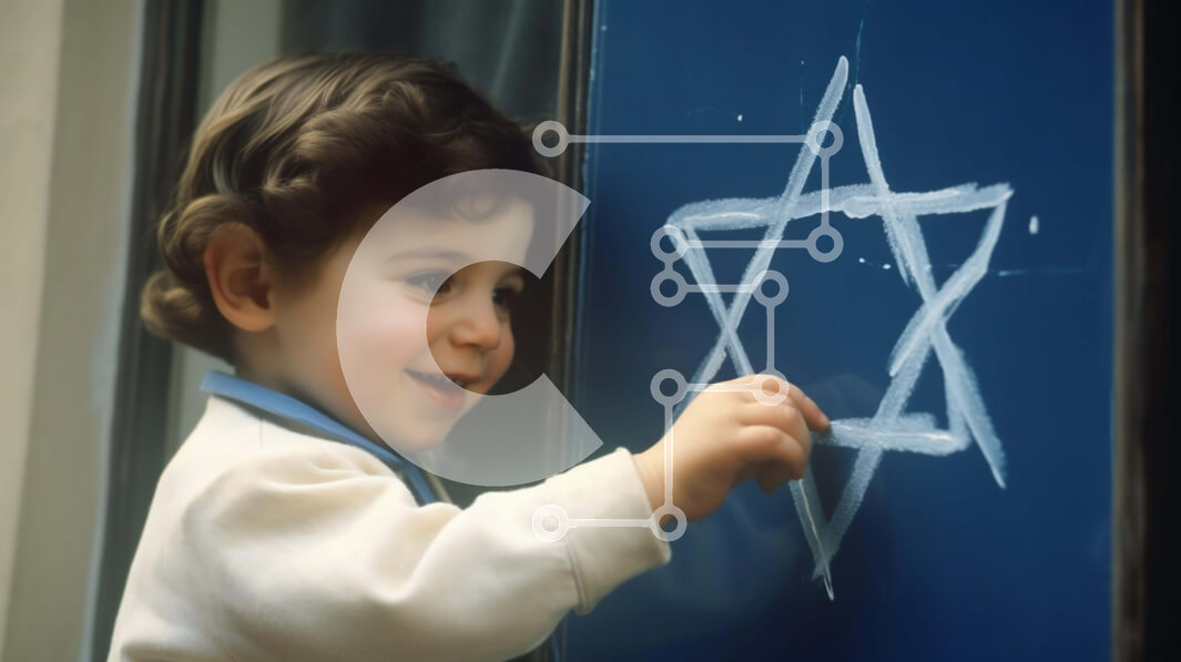 Intra Συλλεκτικό Ξύλινο Παζλ Plywood  4mm - Νεαρό αγόρι που σχεδιάζει ένα αστέρι του Δαβίδ με λευκή κιμωλία Σε Ξύλινο Κουτί - Διαστάσεις Puzzle: 10x10 cm – 25 κομμάτια