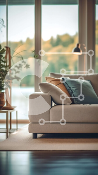 Intra Συλλεκτικό Ξύλινο Παζλ Plywood  4mm - Κομψό και άνετο μοντέρνο σαλόνι με μεγάλο παράθυρο και φυτό σε γλάστρα Σε Ξύλινο Κουτί - Διαστάσεις Puzzle: 10x10 cm – 25 κομμάτια