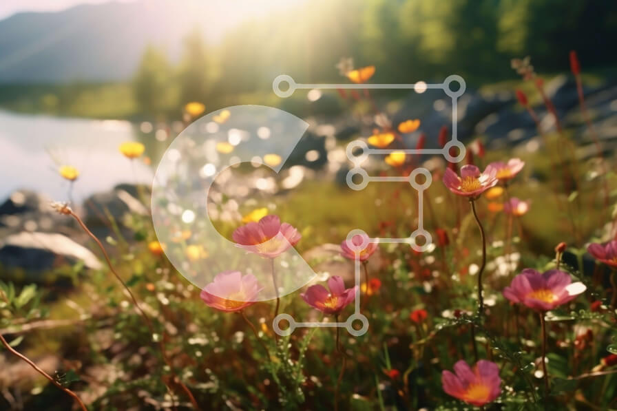 Intra Συλλεκτικό Ξύλινο Παζλ Plywood  4mm - Γαλήνια εικόνα ενός λιβαδιού με ροζ λουλούδια και μια λίμνη στο φόντο Σε Ξύλινο Κουτί - Διαστάσεις: 10x10 cm – 25 κομμάτια