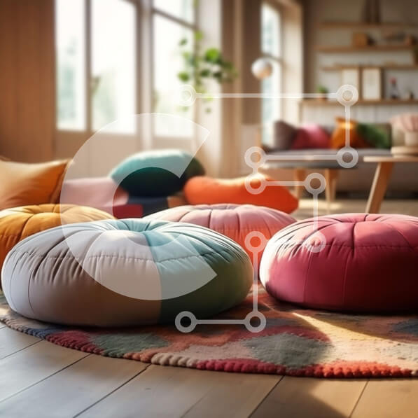 Intra Συλλεκτικό Ξύλινο Παζλ Plywood  4mm - Όμορφη εικόνα ενός σαλονιού με πολύχρωμα πουφ Σε Ξύλινο Κουτί - Διαστάσεις Puzzle: 10x10 cm – 25 κομμάτια