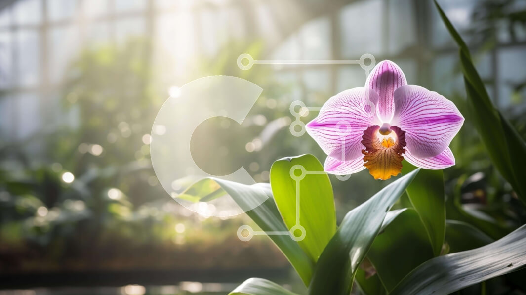 Intra Συλλεκτικό Ξύλινο Παζλ Plywood  4mm - Ροζ λουλούδι ορχιδέας σε εσωτερικό κήπο ή θερμοκήπιο Σε Ξύλινο Κουτί - Διαστάσεις: 10x10 cm – 25 κομμάτια