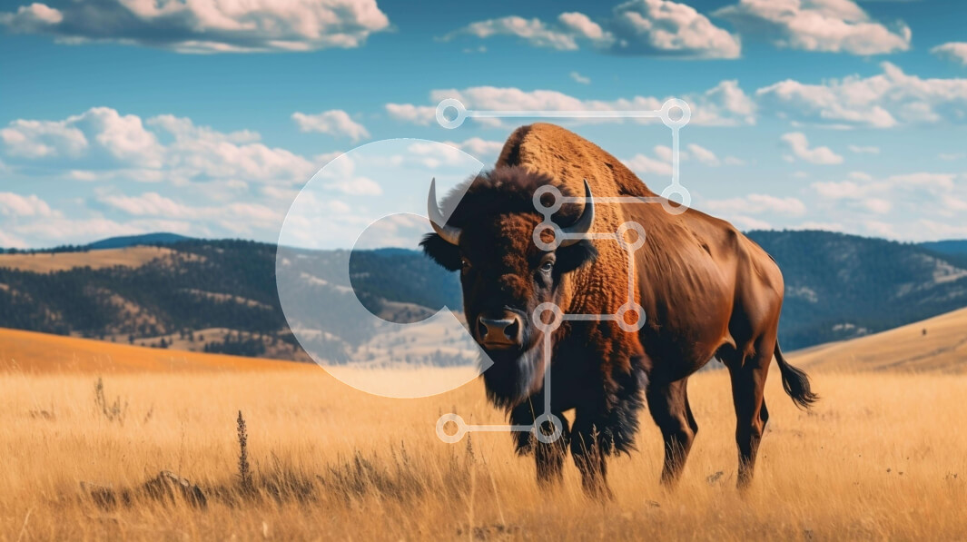 Intra Συλλεκτικό Ξύλινο Παζλ Plywood  4mm - Καφέ βίσονας σε ανοιχτό γρασίδι με βουνά στο φόντο Σε Ξύλινο Κουτί - Διαστάσεις: 10x10 cm – 25 κομμάτια