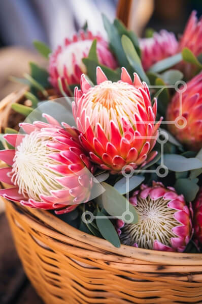 Σετ των 2 Intra Συλλεκτικό Ξύλινο Παζλ Plywood  4mm - Ψάθινο καλάθι με κόκκινα και ροζ λουλούδια Protea σε ξύλινο τραπέζι Σε Ξύλινο Κουτί - Διαστάσεις: 10x10 cm – 25 κομμάτια