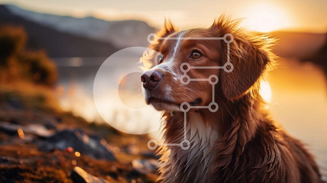 Intra Συλλεκτικό Ξύλινο Παζλ Plywood  4mm - Σκύλος στη βραχώδη ακτή δίπλα στη λίμνη στο ηλιοβασίλεμα Σε Ξύλινο Κουτί - Διαστάσεις: 10x10 cm – 25 κομμάτια