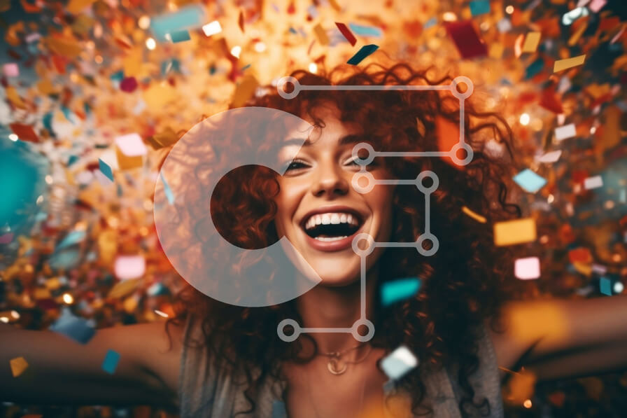 Intra Συλλεκτικό Ξύλινο Παζλ Plywood  4mm - Ευτυχισμένη νεαρή γυναίκα σε ένα δωμάτιο με κομφετί που πέφτουν Σε Ξύλινο Κουτί - Διαστάσεις Puzzle: 10x10 cm – 25 κομμάτια