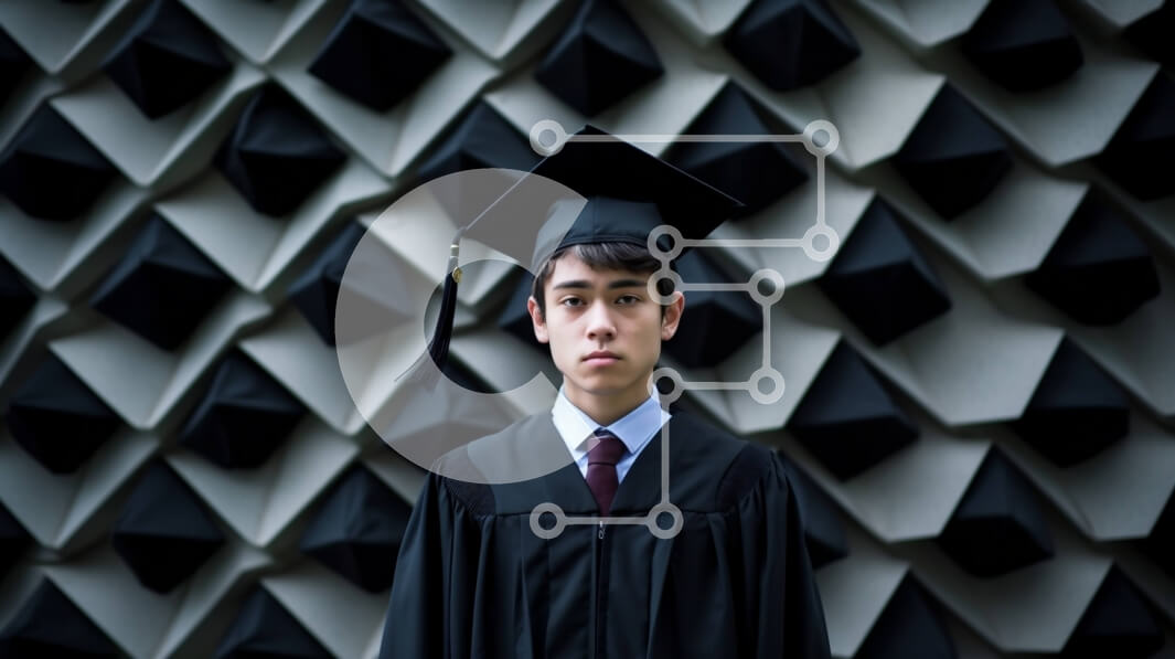 Intra Συλλεκτικό Ξύλινο Παζλ Plywood  4mm - Πορτρέτο ενός αποφοιτούντος Ασιάτη που στέκεται μπροστά από τον τοίχο μαύρου τριγώνου Σε Ξύλινο Κουτί - Διαστάσεις Puzzle: 10x10 cm – 25 κομμάτια