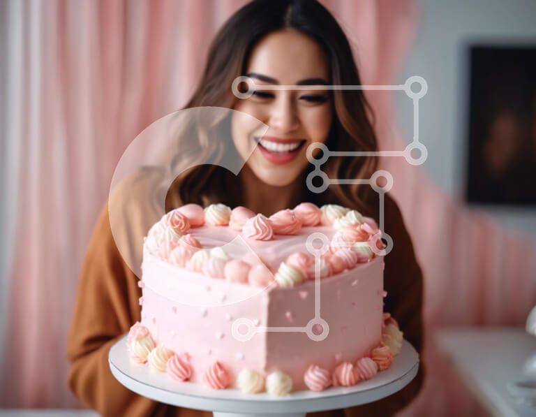 Intra Συλλεκτικό Ξύλινο Παζλ Plywood  4mm - Γυναίκα που χαμογελά με περίτεχνα διακοσμημένο ροζ κέικ σε σχήμα καρδιάς Σε Ξύλινο Κουτί - Διαστάσεις Puzzle: 10x10 cm – 25 κομμάτια