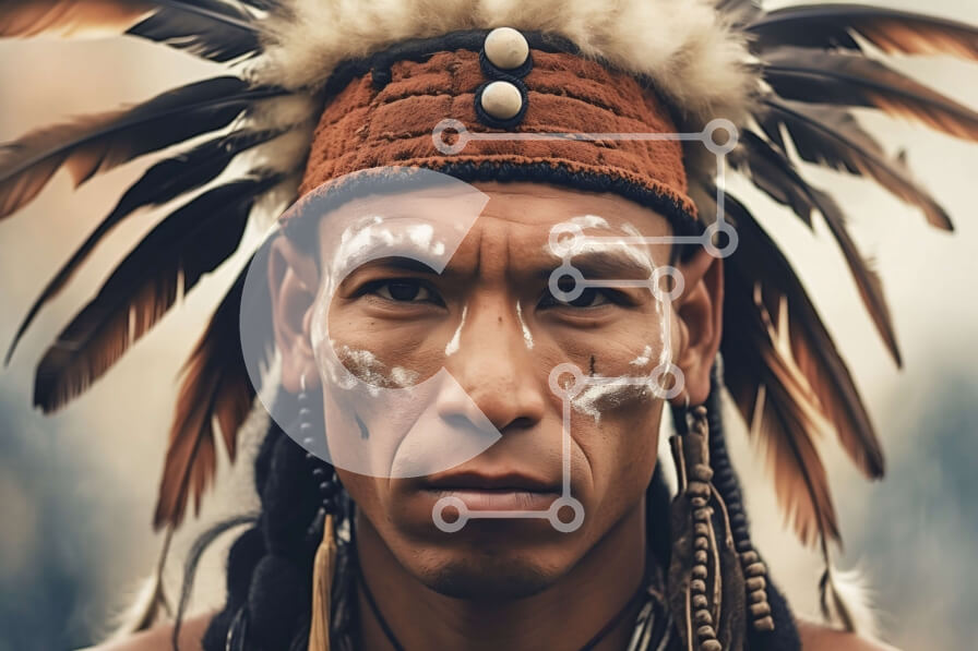 Intra Συλλεκτικό Ξύλινο Παζλ Plywood  4mm - Εκπληκτική εικόνα ενός ιθαγενούς Αμερικανού άνδρα με παραδοσιακή μπογιά κεφαλής και προσώπου Σε Ξύλινο Κουτί - Διαστάσεις Puzzle: 10x10 cm – 25 κομμάτια