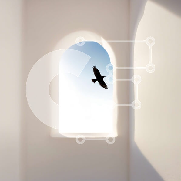 Intra Συλλεκτικό Ξύλινο Παζλ Plywood  4mm - Γαλήνια εικόνα του πουλιού που πετά μέσα από το τοξωτό παράθυρο Σε Ξύλινο Κουτί - Διαστάσεις: 10x10 cm – 25 κομμάτια