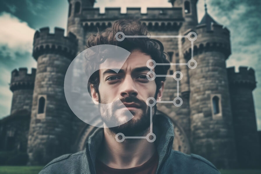 Intra Συλλεκτικό Ξύλινο Παζλ Plywood  4mm - Ασπρόμαυρη εικόνα ενός άνδρα που στέκεται μπροστά από ένα παλιό κάστρο Σε Ξύλινο Κουτί - Διαστάσεις Puzzle: 10x10 cm – 25 κομμάτια