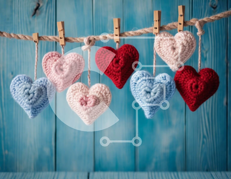 Intra Συλλεκτικό Ξύλινο Παζλ Plywood  4mm - Καρδιές με κροσέ που κρέμονται σε ένα ρούχο - Διακόσμηση αγάπης και στοργής Σε Ξύλινο Κουτί - Διαστάσεις Puzzle: 10x10 cm – 25 κομμάτια