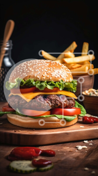 Intra Συλλεκτικό Ξύλινο Παζλ Plywood  4mm - Λαχταριστή εικόνα ενός cheeseburger με μαρούλι, ντομάτα και κέτσαπ σε ένα ξύλινο τραπέζι με τηγανητές πατάτες στο φόντο Σε Ξύλινο Κουτί - Διαστάσεις: 10x10 cm – 25 κομμάτια