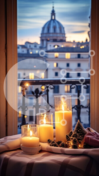 Intra Συλλεκτικό Ξύλινο Παζλ Plywood  4mm - Τρία κεριά στο τραπέζι με θέα στον ορίζοντα της πόλης Σε Ξύλινο Κουτί - Διαστάσεις Puzzle: 10x10 cm – 25 κομμάτια