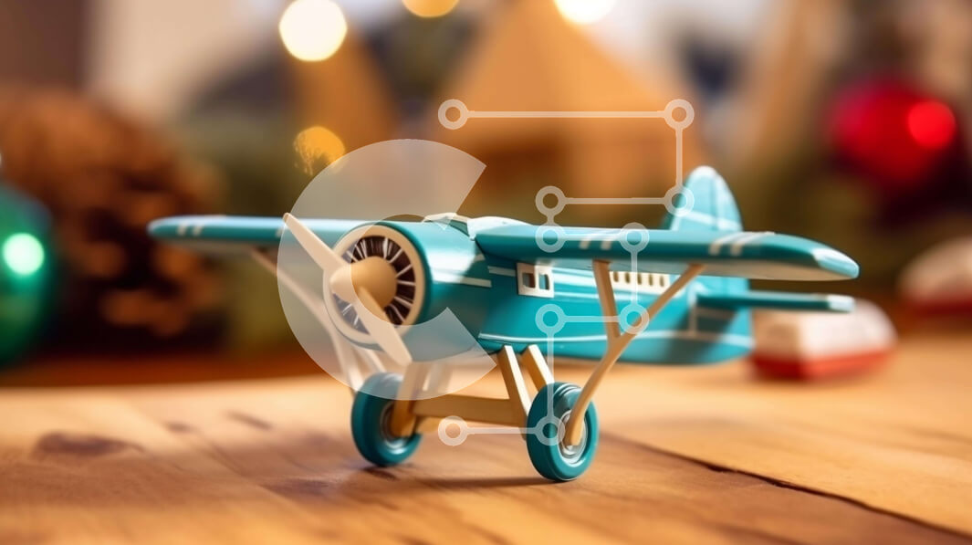 Intra Συλλεκτικό Ξύλινο Παζλ Plywood  4mm - Vintage παιχνίδι αεροπλάνο σε ξύλινο τραπέζι με χριστουγεννιάτικα στολίδια Σε Ξύλινο Κουτί - Διαστάσεις Puzzle: 10x10 cm – 25 κομμάτια