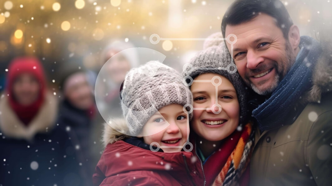 Intra Συλλεκτικό Ξύλινο Παζλ Plywood  4mm - Τετραμελής οικογένεια που απολαμβάνει την περίοδο των διακοπών σε χιονισμένο φόντο Σε Ξύλινο Κουτί - Διαστάσεις Puzzle: 10x10 cm – 25 κομμάτια