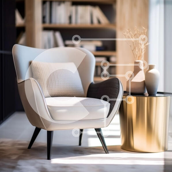 Intra Συλλεκτικό Ξύλινο Παζλ Plywood  4mm - Κομψό και μοντέρνο σαλόνι με λευκή δερμάτινη πολυθρόνα και χρυσό βοηθητικό τραπέζι Σε Ξύλινο Κουτί - Διαστάσεις Puzzle: 10x10 cm – 25 κομμάτια