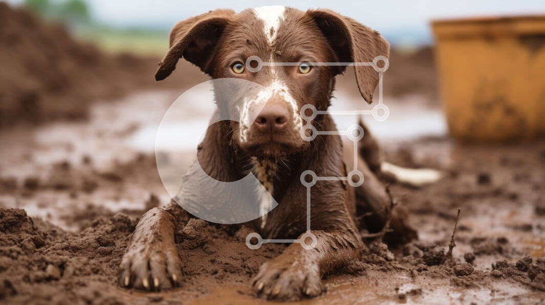 Σετ των 2 Intra Συλλεκτικό Ξύλινο Παζλ Plywood  4mm - Καφέ και λευκό σκυλί ξαπλωμένο στη λάσπη Σε Ξύλινο Κουτί - Διαστάσεις: 10x10 cm – 25 κομμάτια