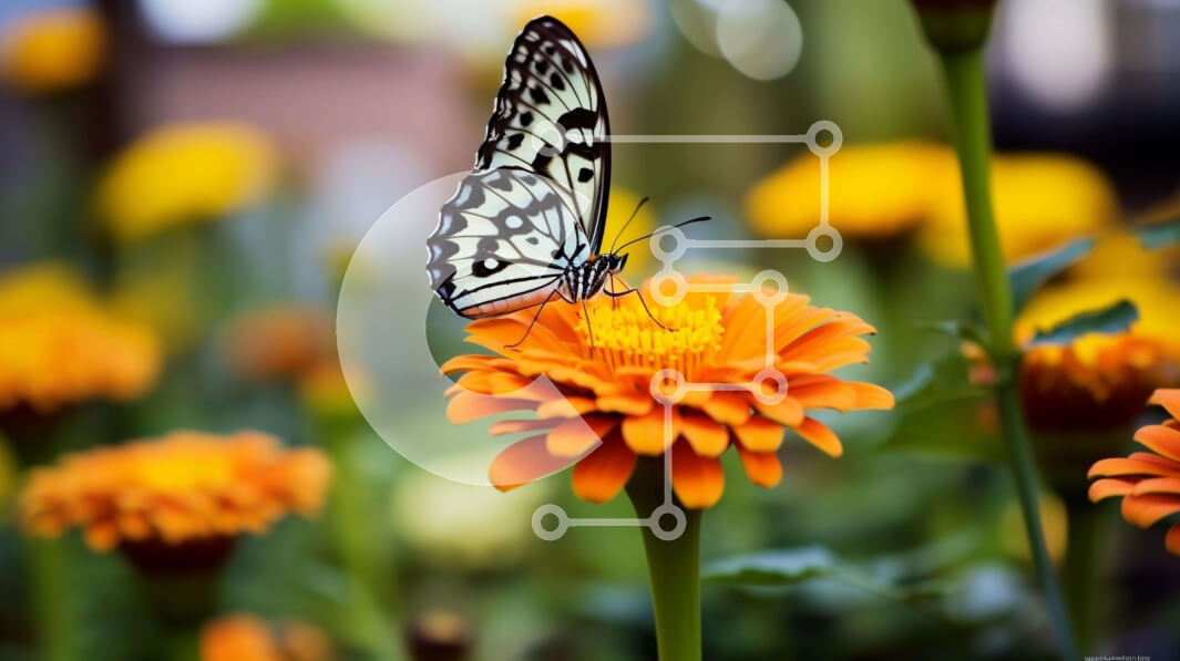 Intra Συλλεκτικό Ξύλινο Παζλ Plywood  4mm - Πεταλούδα σε ένα πορτοκαλί λουλούδι με άλλα λουλούδια στο φόντο Σε Ξύλινο Κουτί - Διαστάσεις: 10x10 cm – 25 κομμάτια