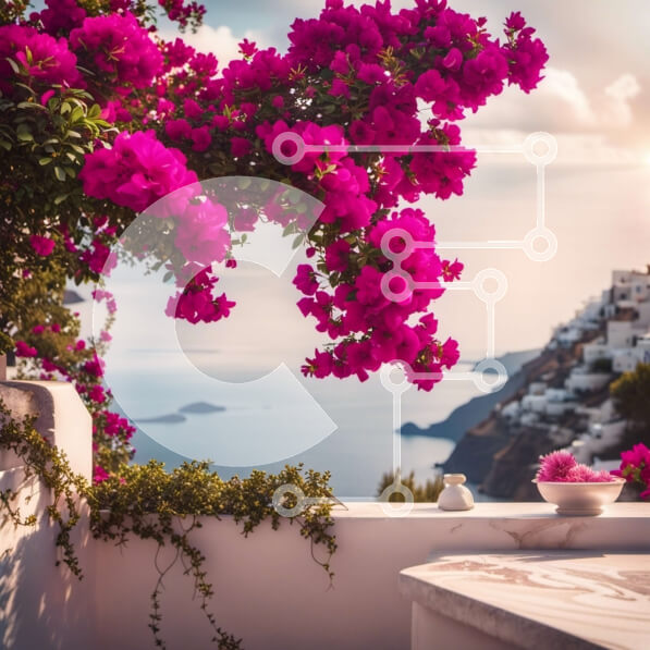 Intra Συλλεκτικό Ξύλινο Παζλ Plywood  4mm - Όμορφος κήπος με ροζ λουλούδια και θέα στον ωκεανό Σε Ξύλινο Κουτί - Διαστάσεις: 10x10 cm – 25 κομμάτια