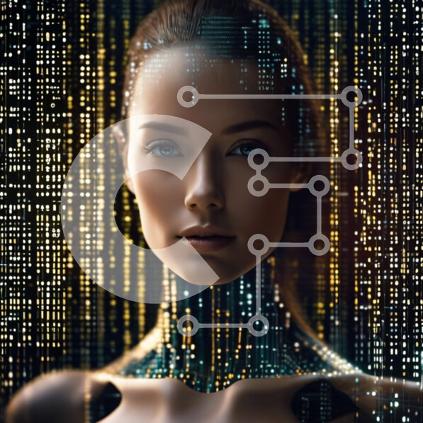 Intra Συλλεκτικό Ξύλινο Παζλ Plywood  4mm - Γυναίκα με σώμα τεχνητής νοημοσύνης (AI) μπροστά από πολύχρωμες ψηφιακές γραμμές Σε Ξύλινο Κουτί - Διαστάσεις Puzzle: 10x10 cm – 25 κομμάτια