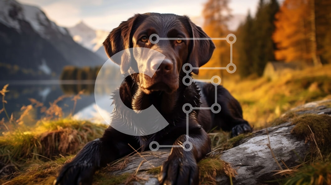 Σετ των 2 Intra Συλλεκτικό Ξύλινο Παζλ Plywood  4mm - Black Labrador Retriever Dog δίπλα στη λίμνη με βουνά στο φόντο Σε Ξύλινο Κουτί - Διαστάσεις: 10x10 cm – 25 κομμάτια