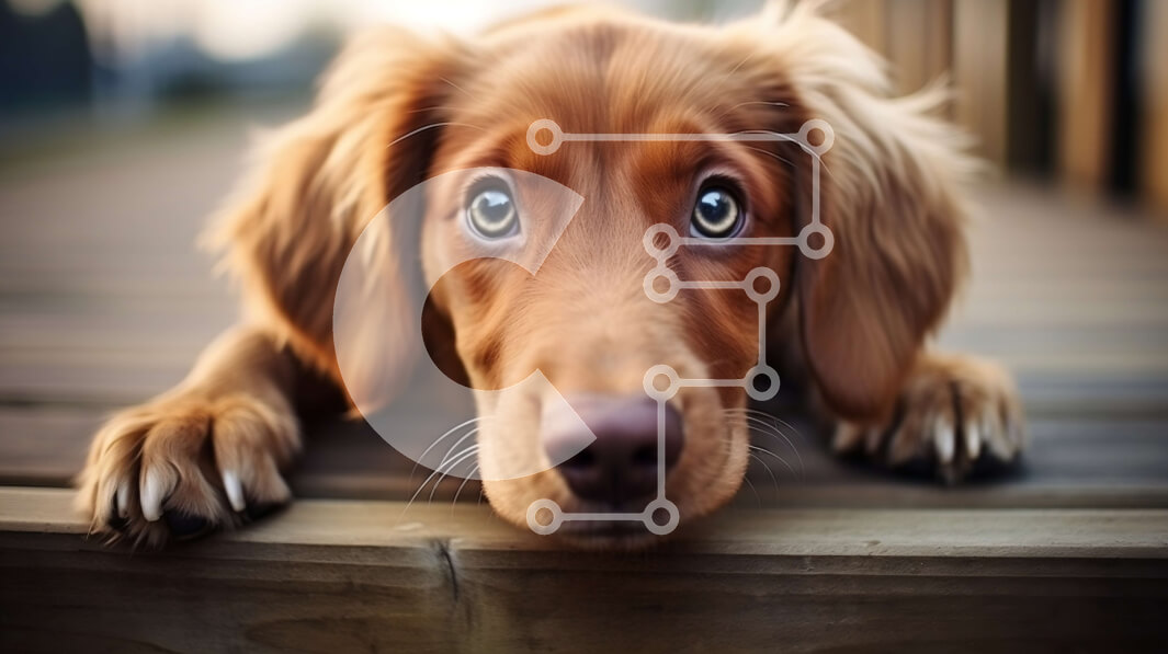 Intra Συλλεκτικό Ξύλινο Παζλ Plywood  4mm - Καφέ σκυλί ξαπλωμένο στο ξύλινο κατάστρωμα με περίεργη έκφραση Σε Ξύλινο Κουτί - Διαστάσεις: 10x10 cm – 25 κομμάτια