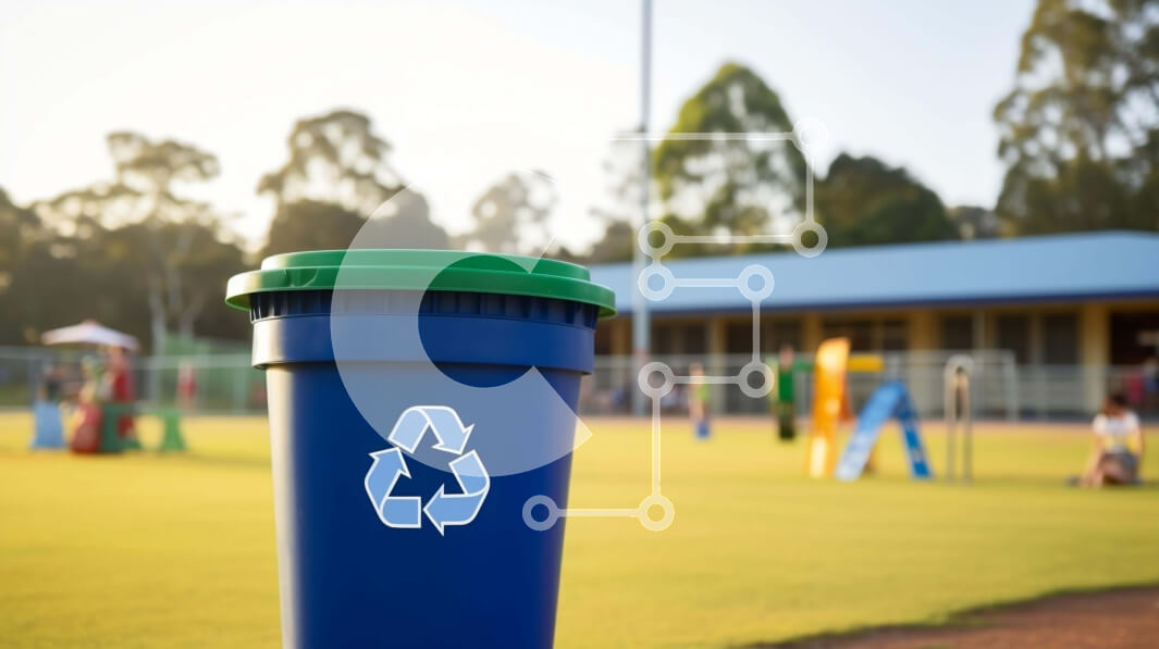 Intra Συλλεκτικό Ξύλινο Παζλ Plywood  4mm - Μπλε κάδος ανακύκλωσης σε ανοιχτό γήπεδο με παιδιά να παίζουν Σε Ξύλινο Κουτί - Διαστάσεις Puzzle: 10x10 cm – 25 κομμάτια