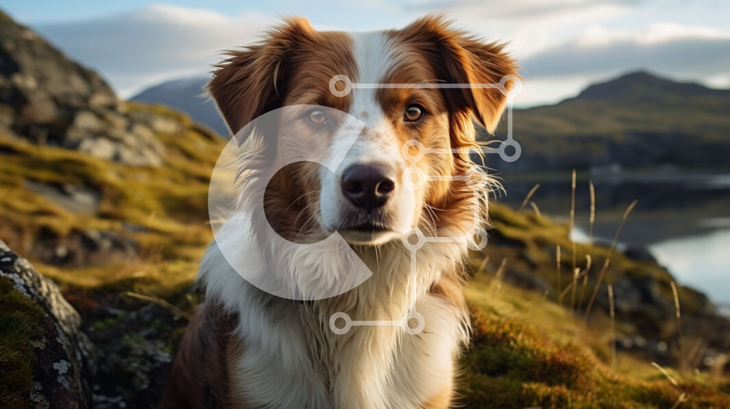 Intra Συλλεκτικό Ξύλινο Παζλ Plywood  4mm - Καφέ και λευκό σκυλί που κάθεται σε έναν βραχώδη λόφο με βουνά στο φόντο Σε Ξύλινο Κουτί - Διαστάσεις: 10x10 cm – 25 κομμάτια