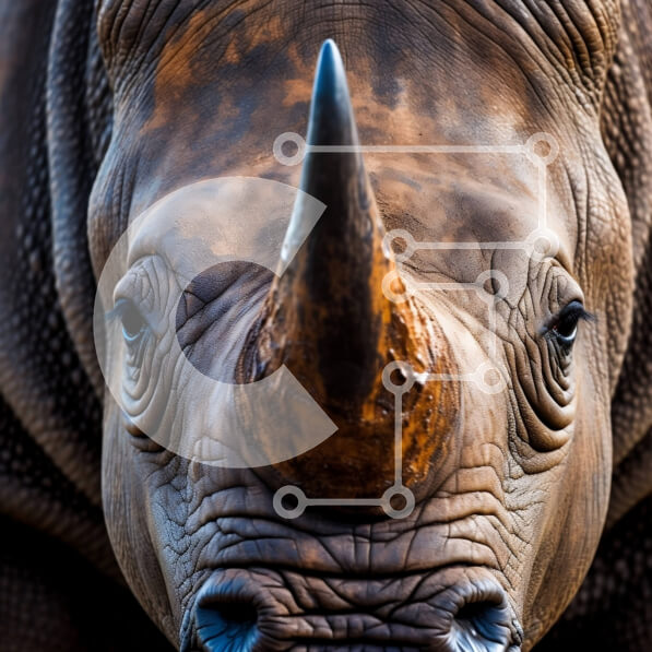 Intra Συλλεκτικό Ξύλινο Παζλ Plywood  4mm - Κοντινή φωτογραφία του προσώπου ενός ρινόκερου με μεγάλο κέρατο και καφέ γούνα Σε Ξύλινο Κουτί - Διαστάσεις: 10x10 cm – 25 κομμάτια