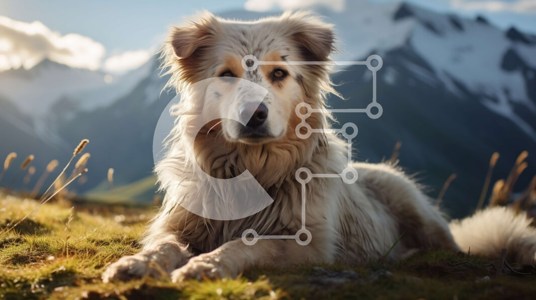 Σετ των 2 Intra Συλλεκτικό Ξύλινο Παζλ Plywood  4mm - Shaggy σκυλί στην πλαγιά του γρασιδιού με βουνά στο φόντο Σε Ξύλινο Κουτί - Διαστάσεις: 10x10 cm – 25 κομμάτια