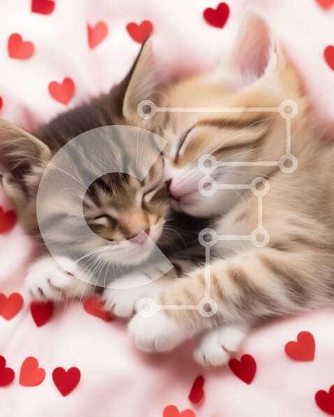 Σετ των 2 Intra Συλλεκτικό Ξύλινο Παζλ Plywood  4mm - Δύο γατάκια στριμώχνονται μαζί σε ένα κρεβάτι με κόκκινες καρδιές Σε Ξύλινο Κουτί - Διαστάσεις: 10x10 cm – 25 κομμάτια