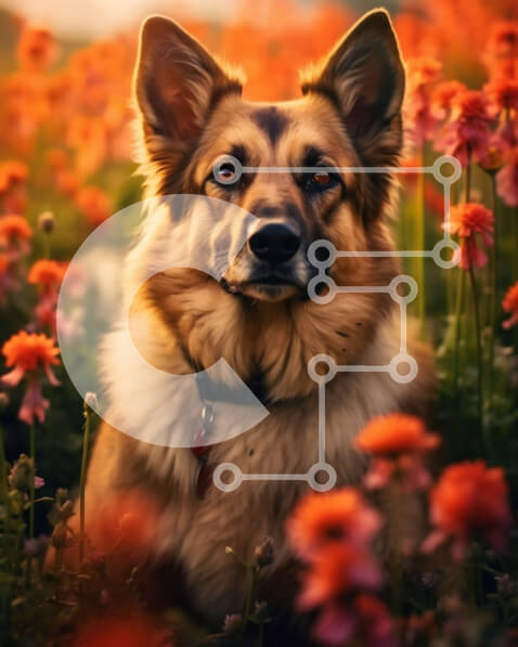 Σετ των 2 Intra Συλλεκτικό Ξύλινο Παζλ Plywood  4mm - Σοβαρός γερμανικός ποιμενικός σκύλος που κάθεται σε ένα χωράφι με πολύχρωμα λουλούδια Σε Ξύλινο Κουτί - Διαστάσεις: 10x10 cm – 25 κομμάτια