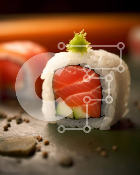 Σετ των 2 Intra Συλλεκτικό Ξύλινο Παζλ Plywood  4mm - Νόστιμο ρολό σούσι με σολομό και αγγούρι σε ένα σκοτεινό πιάτο Σε Ξύλινο Κουτί - Διαστάσεις: 10x10 cm – 25 κομμάτια