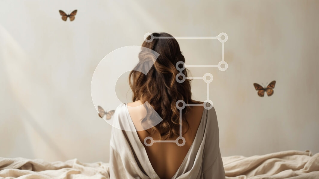 Intra Συλλεκτικό Ξύλινο Παζλ Plywood  4mm - Γυναίκα με λευκό φόρεμα κάθεται σε ένα κρεβάτι με πεταλούδες Σε Ξύλινο Κουτί - Διαστάσεις Puzzle: 10x10 cm – 25 κομμάτια