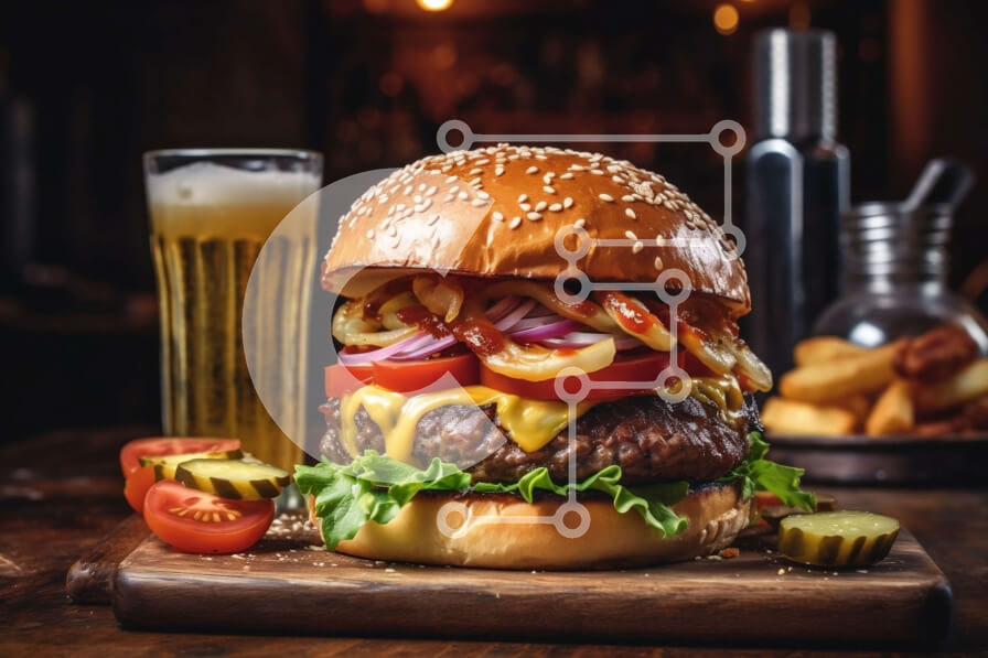 Σετ των 2 Intra Συλλεκτικό Ξύλινο Παζλ Plywood  4mm - Λαχταριστό Cheeseburger και πατάτες σε ένα ξύλινο τραπέζι Σε Ξύλινο Κουτί - Διαστάσεις: 10x10 cm – 25 κομμάτια