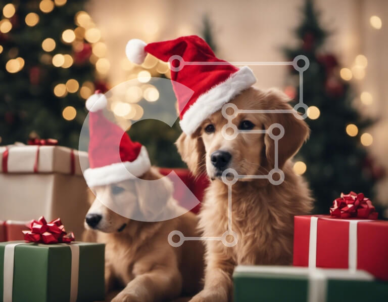 Σετ των 2 Intra Συλλεκτικό Ξύλινο Παζλ Plywood  4mm - Δύο σκυλιά Γκόλντεν Ριτρίβερ με καπέλα Άγιου Βασίλη με χριστουγεννιάτικα δώρα Σε Ξύλινο Κουτί - Διαστάσεις: 10x10 cm – 25 κομμάτια