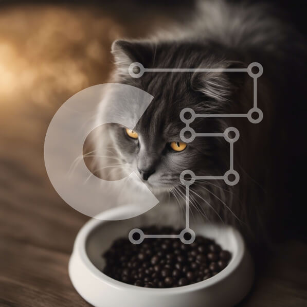 Intra Συλλεκτικό Ξύλινο Παζλ Plywood  4mm - Γκρίζα γάτα που τρώει τροφή για γάτες από ένα μπολ σε ένα ξύλινο τραπέζι Σε Ξύλινο Κουτί - Διαστάσεις: 10x10 cm – 25 κομμάτια