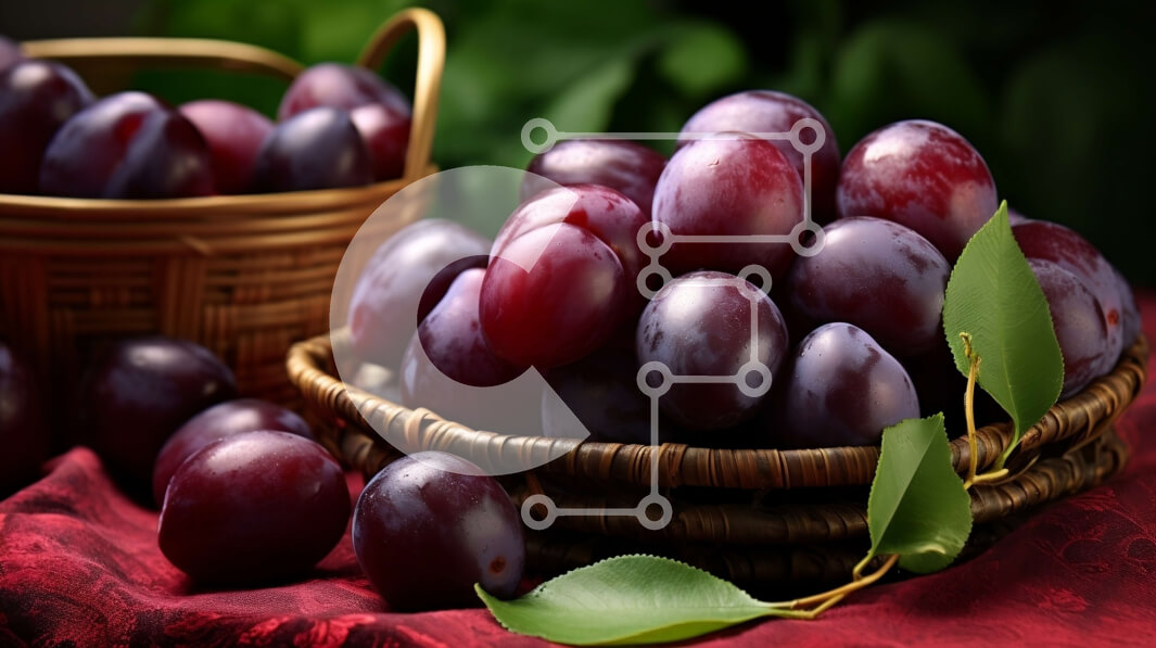 Σετ των 2 Intra Συλλεκτικό Ξύλινο Παζλ Plywood  4mm - Καλάθι με δαμάσκηνα σε ένα κόκκινο τραπεζομάντιλο Σε Ξύλινο Κουτί - Διαστάσεις: 10x10 cm – 25 κομμάτια