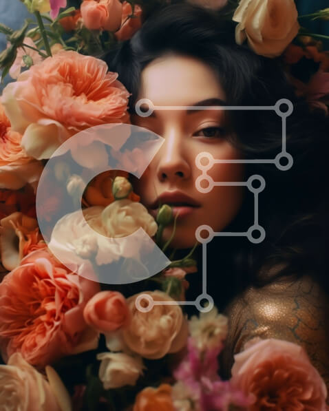 Intra Συλλεκτικό Ξύλινο Παζλ Plywood  4mm - Εκπληκτική γυναίκα με χρυσό φόρεμα με σοβαρή έκφραση ανάμεσα σε ροζ και πορτοκαλί λουλούδια Σε Ξύλινο Κουτί - Διαστάσεις Puzzle: 10x10 cm – 25 κομμάτια