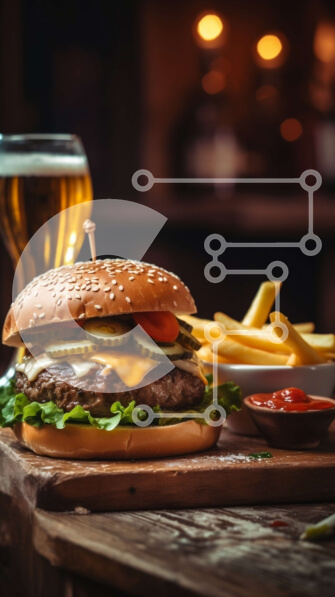 Intra Συλλεκτικό Ξύλινο Παζλ Plywood  4mm - Νόστιμο Cheeseburger με μαρούλι, ντομάτα, τουρσιά και κέτσαπ σε ένα ξύλινο τραπέζι Σε Ξύλινο Κουτί - Διαστάσεις: 10x10 cm – 25 κομμάτια