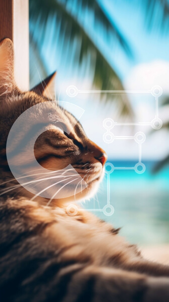 Σετ των 2 Intra Συλλεκτικό Ξύλινο Παζλ Plywood  4mm - Αξιολάτρευτη γάτα που απολαμβάνει τη θέα μιας τροπικής παραλίας Σε Ξύλινο Κουτί - Διαστάσεις: 10x10 cm – 25 κομμάτια