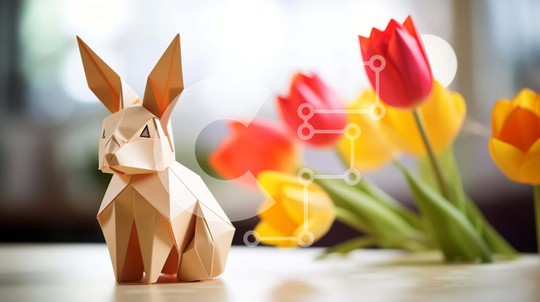 Intra Συλλεκτικό Ξύλινο Παζλ Plywood  4mm - Κουνέλι Origami και πολύχρωμες τουλίπες σε ένα τραπέζι Σε Ξύλινο Κουτί - Διαστάσεις Puzzle: 10x10 cm – 25 κομμάτια