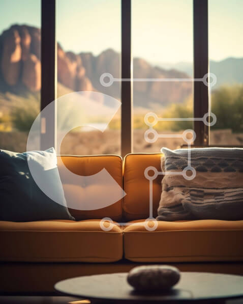 Intra Συλλεκτικό Ξύλινο Παζλ Plywood  4mm - Άνετο σαλόνι με κίτρινο καναπέ και γραφική θέα στο βουνό Σε Ξύλινο Κουτί - Διαστάσεις Puzzle: 10x10 cm – 25 κομμάτια